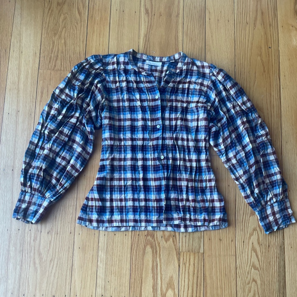 Doen Harlow blouse in Belleville plaid. Blue and Burgundy